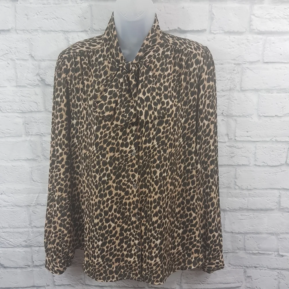 J.Crew Factory Animal Print Neck Tie Business Career Blouse - Picture 2 of 10